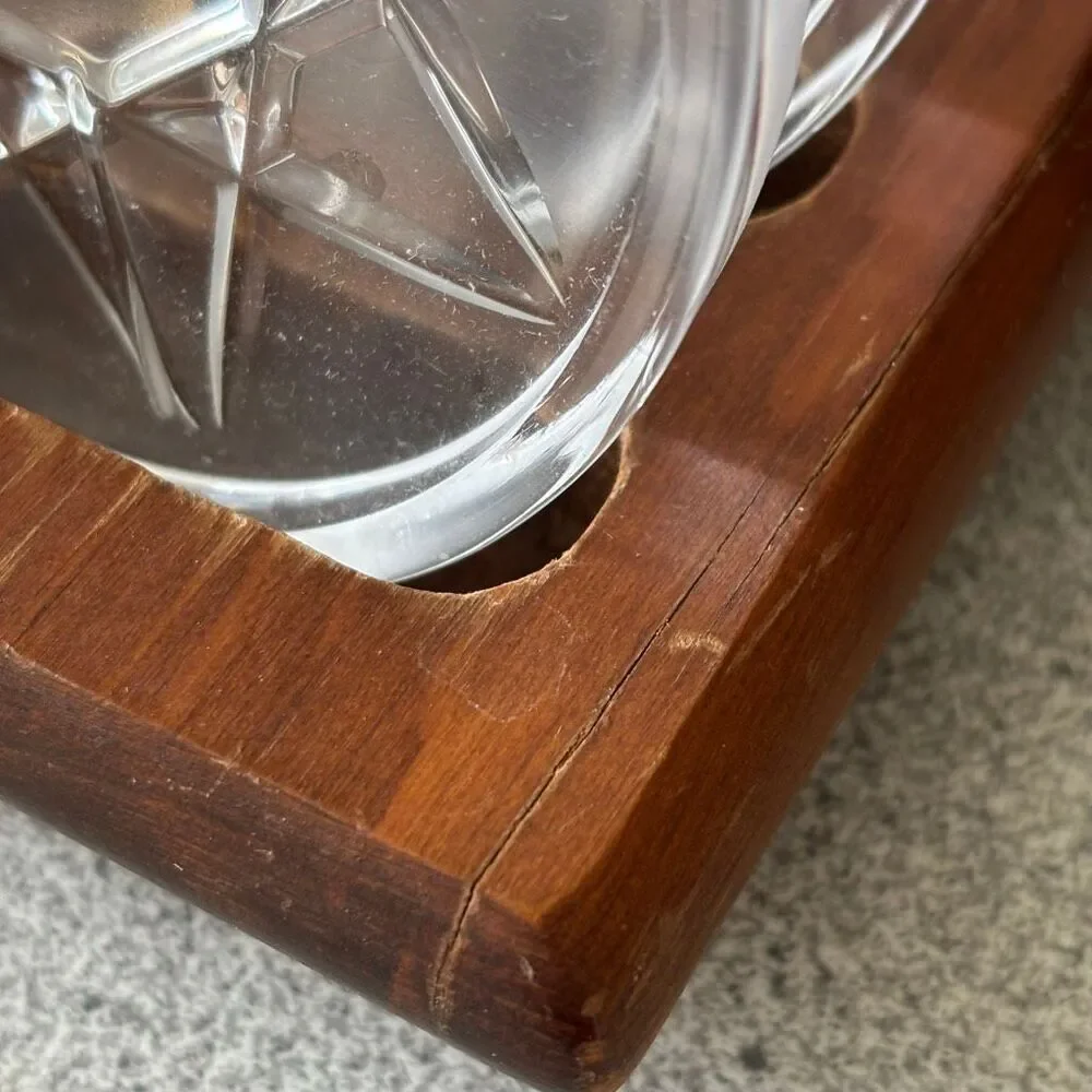 Set Of 6 Vintage Glass Drink Coasters In Wooden Holder